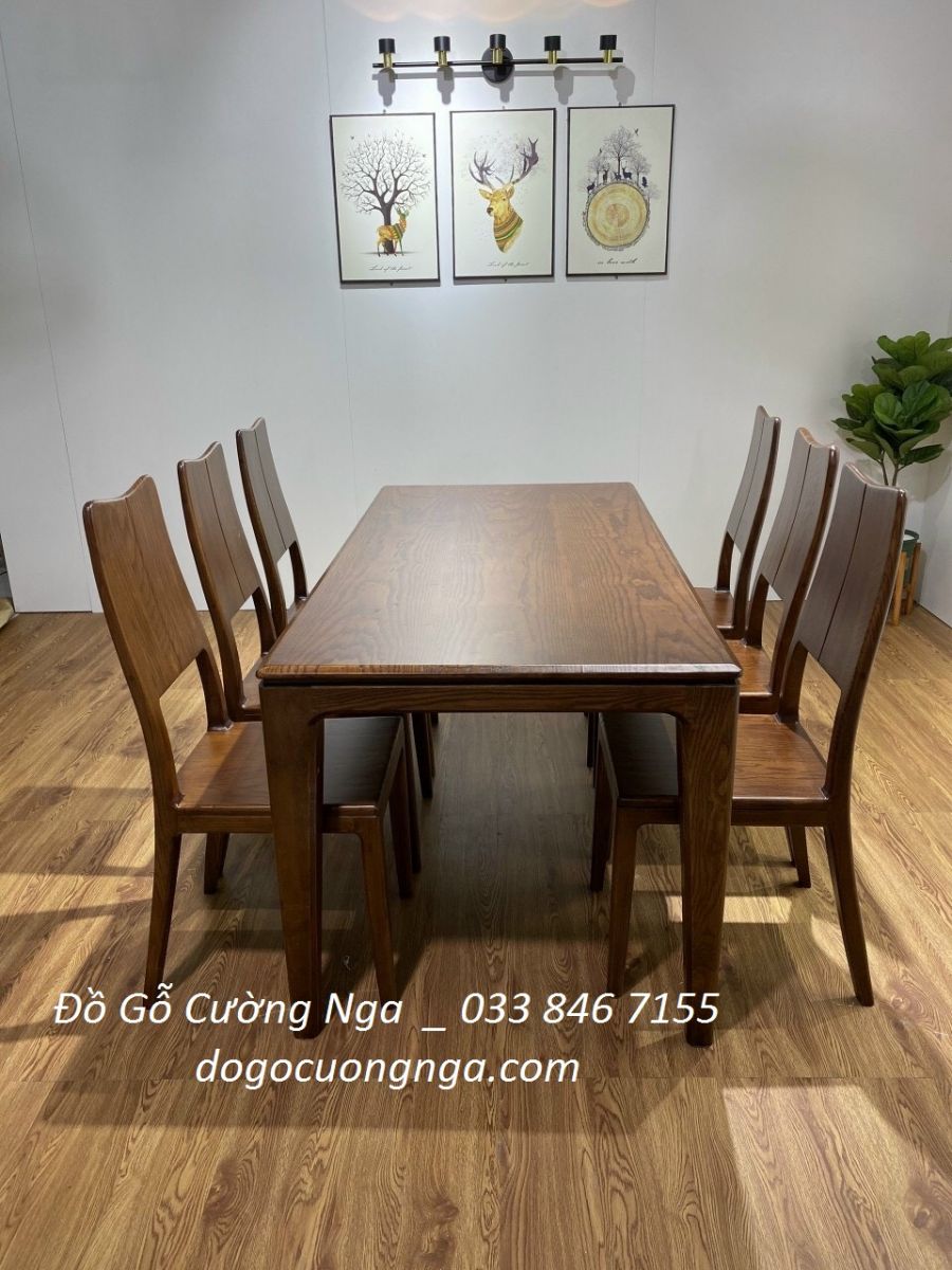 bàn ăn gỗ sồi 6 ghế màu óc chó