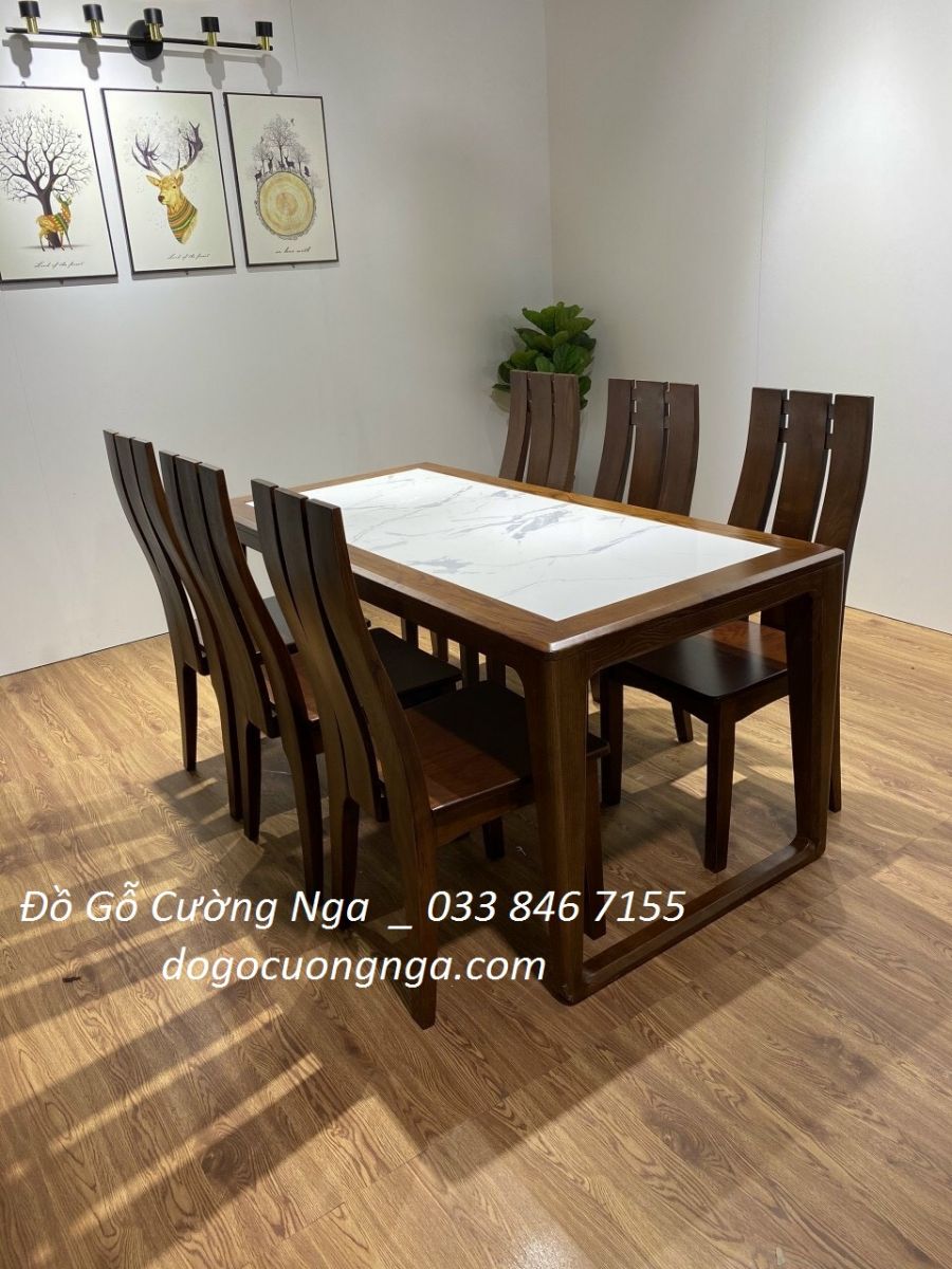 bàn ăn mặt đá gỗ sồi 6 ghế
