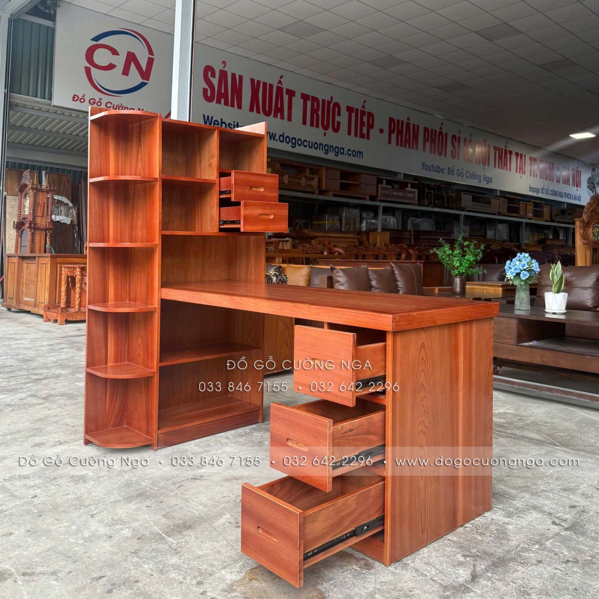bàn làm việc gỗ xoan dào 1m6 kèm kệ hiện đại
