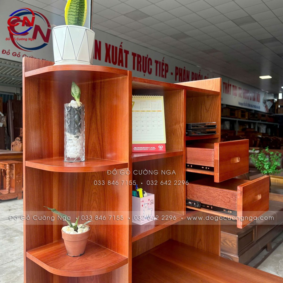 bàn làm việc gỗ xoan dào 1m6 kèm kệ hiện đại
