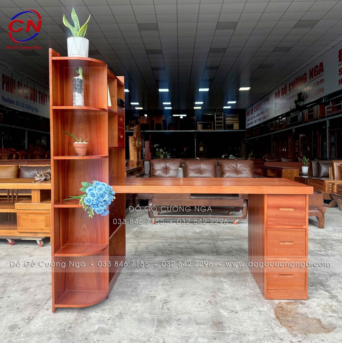 bàn làm việc gỗ xoan dào 1m6 kèm kệ hiện đại