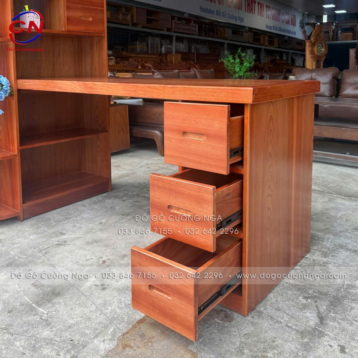 bàn làm việc gỗ xoan dào 1m6 kèm kệ hiện đại