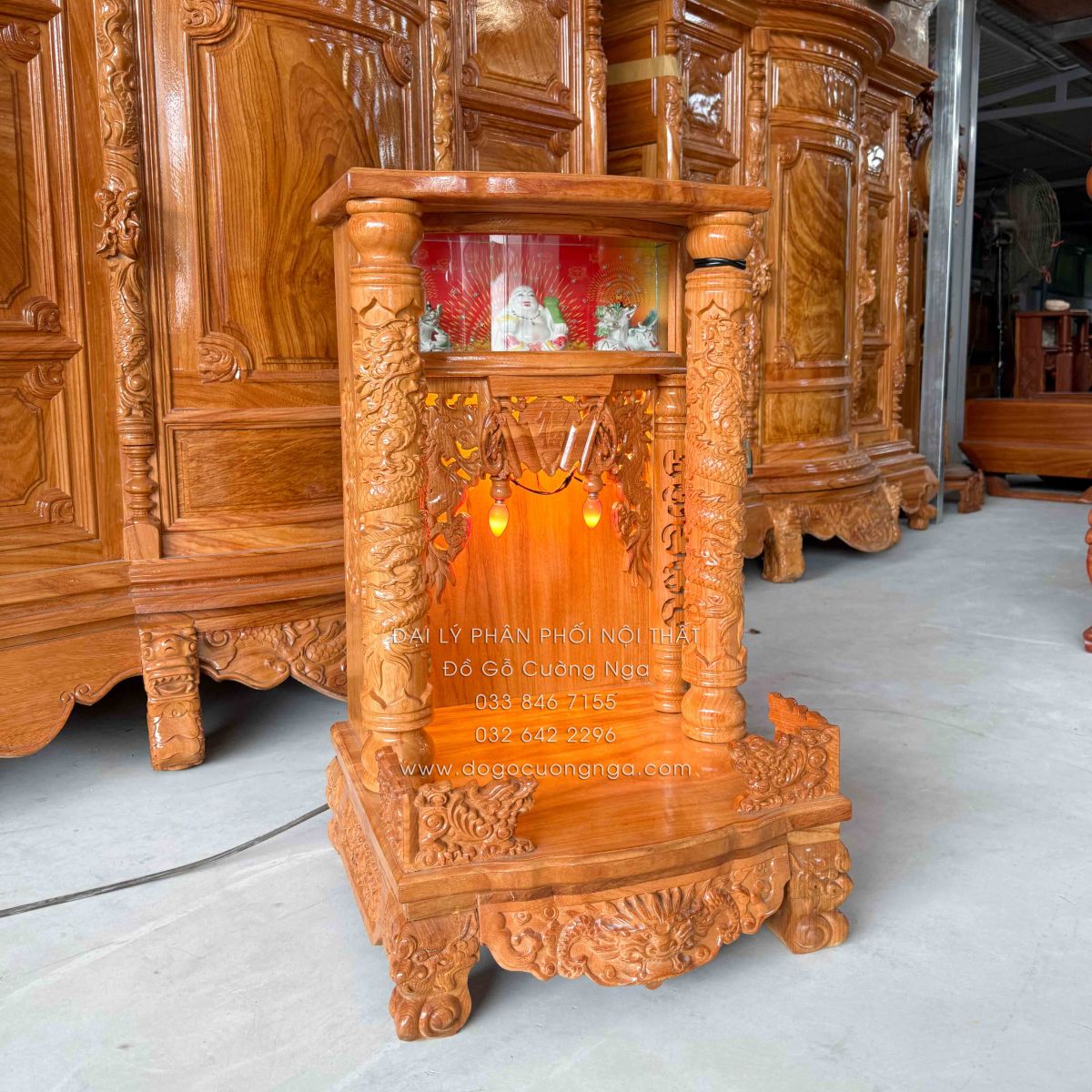 Bàn thờ ô địa - thần tài gỗ Gõ Đỏ  50cm hộp đèn 