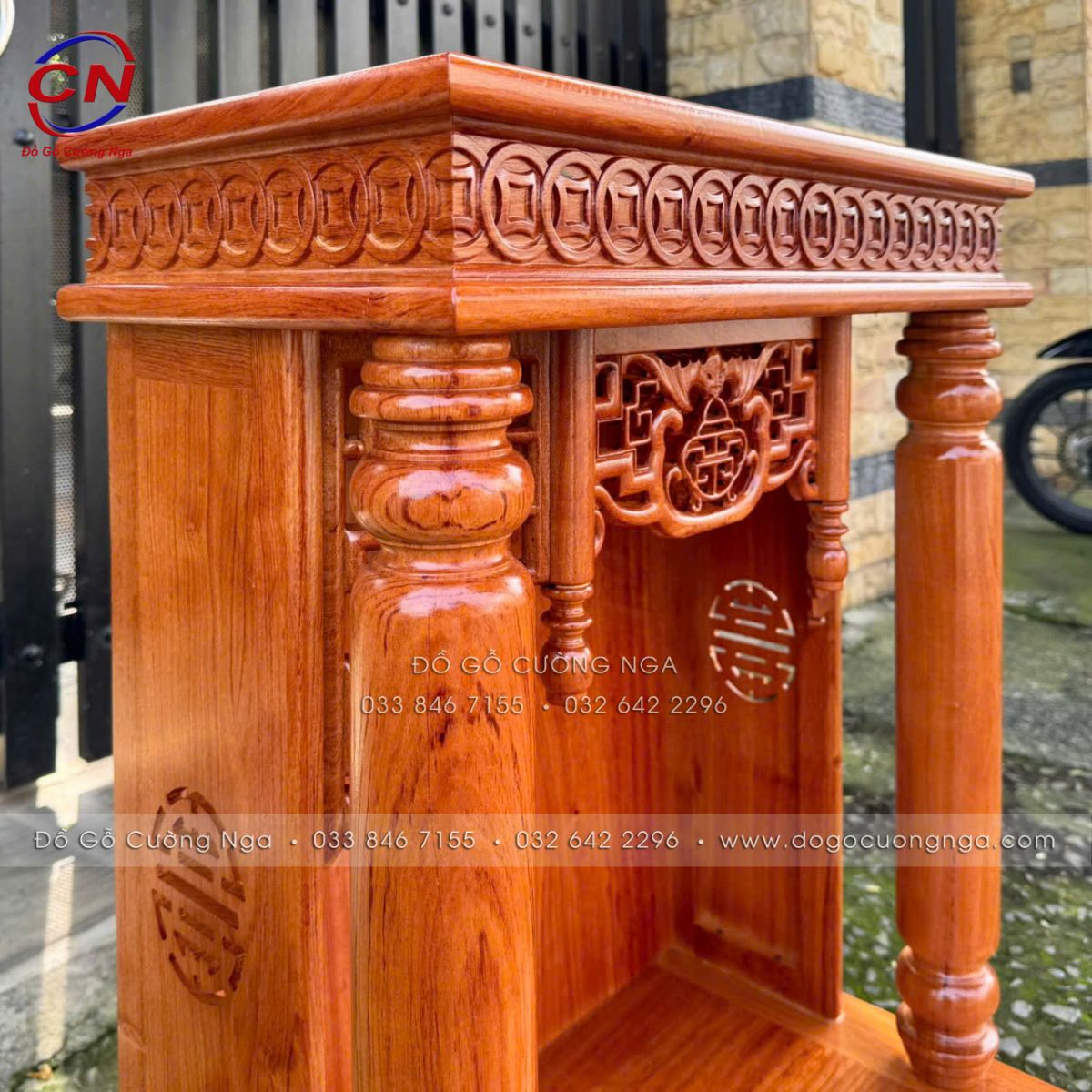 Bàn Thờ Ông Địa - Thần Tài Gỗ Hương Đá Cột Tròn, Có Bàn Kéo