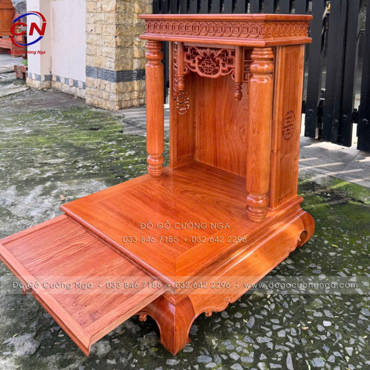 Bàn Thờ Ông Địa - Thần Tài Gỗ Hương Đá Cột Tròn, Có Bàn Kéo