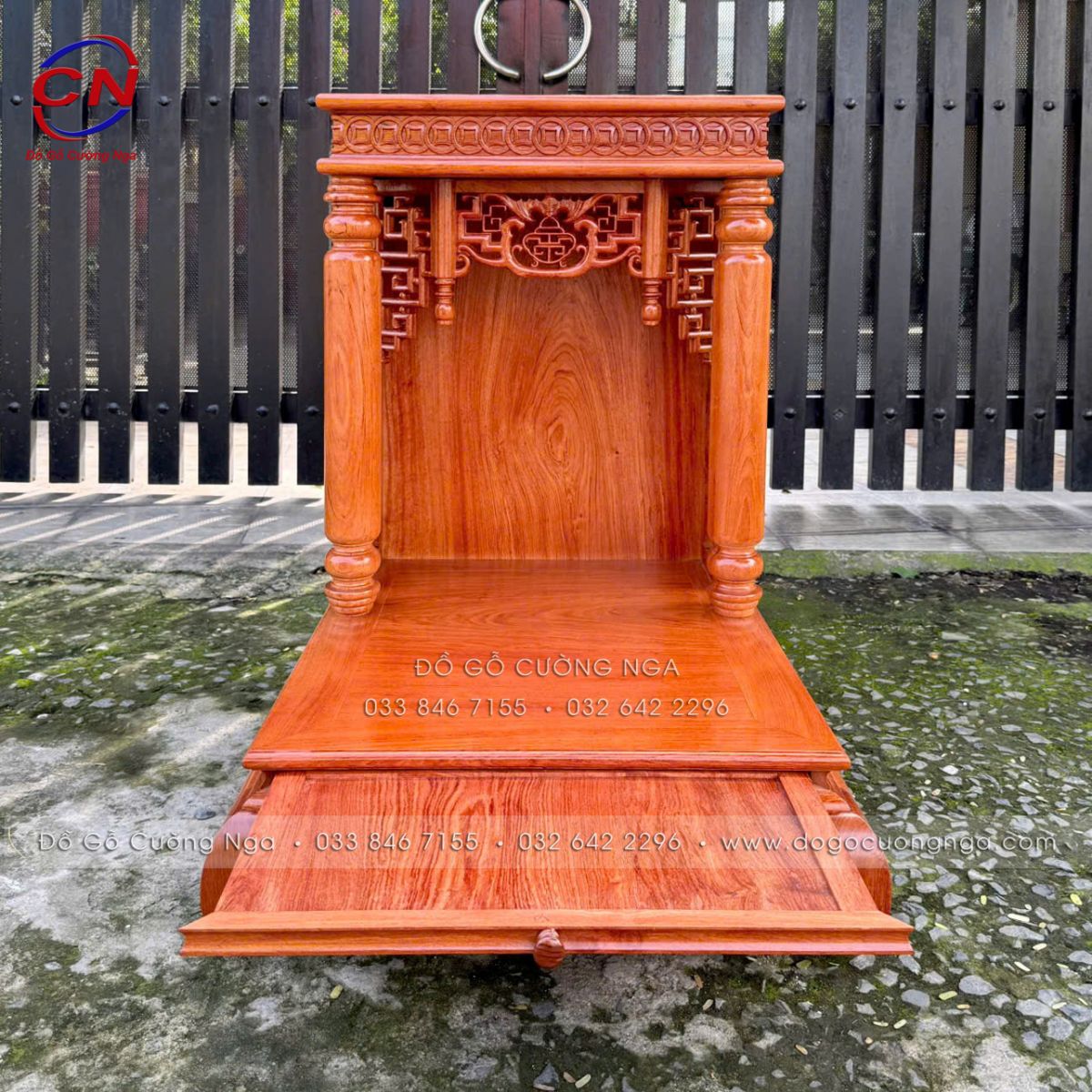 Bàn Thờ Ông Địa - Thần Tài Gỗ Hương Đá Cột Tròn, Có Bàn Kéo