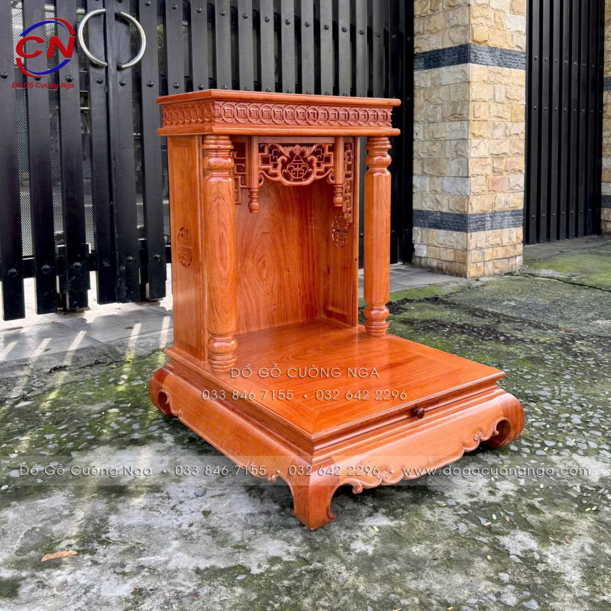 Bàn Thờ Ông Địa - Thần Tài Gỗ Hương Đá Cột Tròn, Có Bàn Kéo