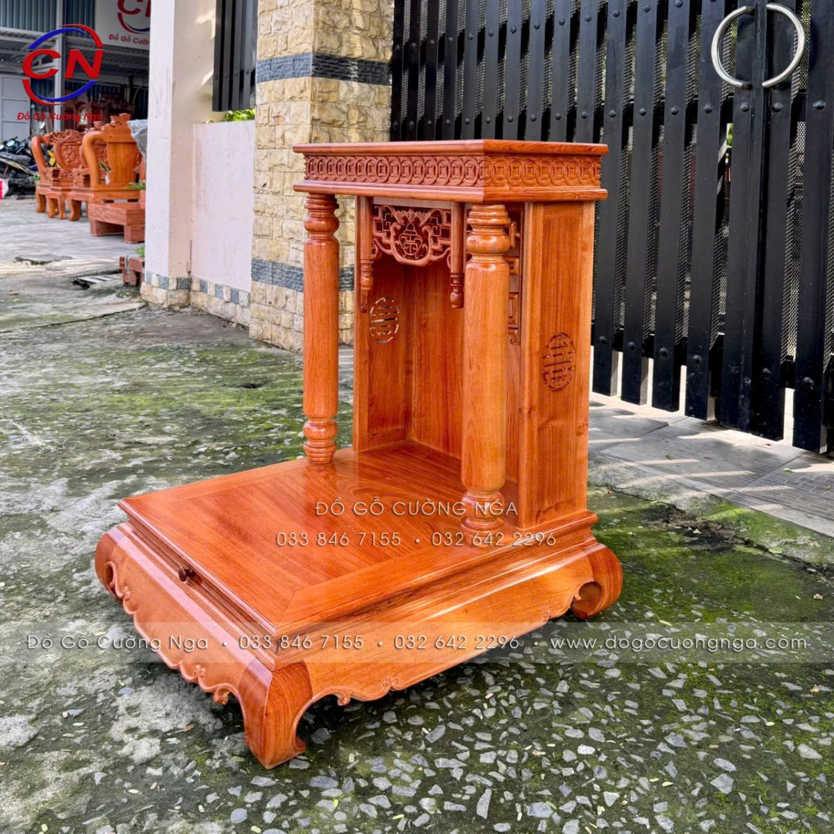 Bàn Thờ Ông Địa - Thần Tài Gỗ Hương Đá Cột Tròn, Có Bàn Kéo