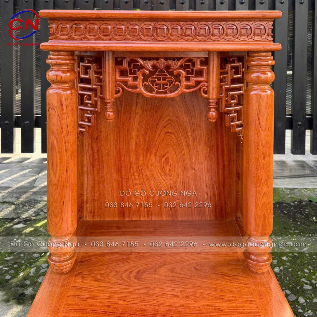 Bàn Thờ Ông Địa - Thần Tài Gỗ Hương Đá Cột Tròn, Có Bàn Kéo