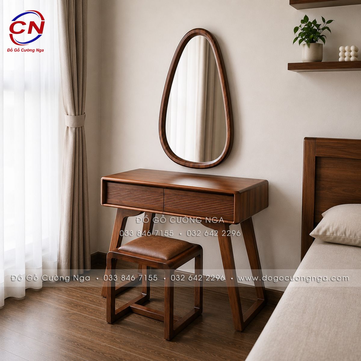 Bàn trang điểm gỗ Sồi màu óc chó trong phòng ngủ hiện đại