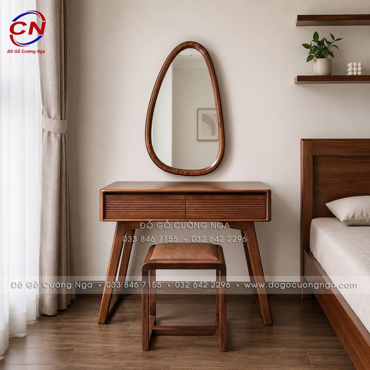 Bàn trang điểm gỗ Sồi màu óc chó phù hợp nhiều không gian