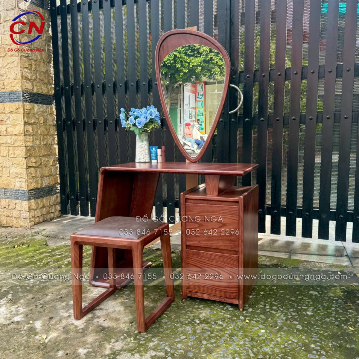 ​Bàn Trang Điểm Gỗ Sồi Màu Óc Chó Gương Giọt Nước​