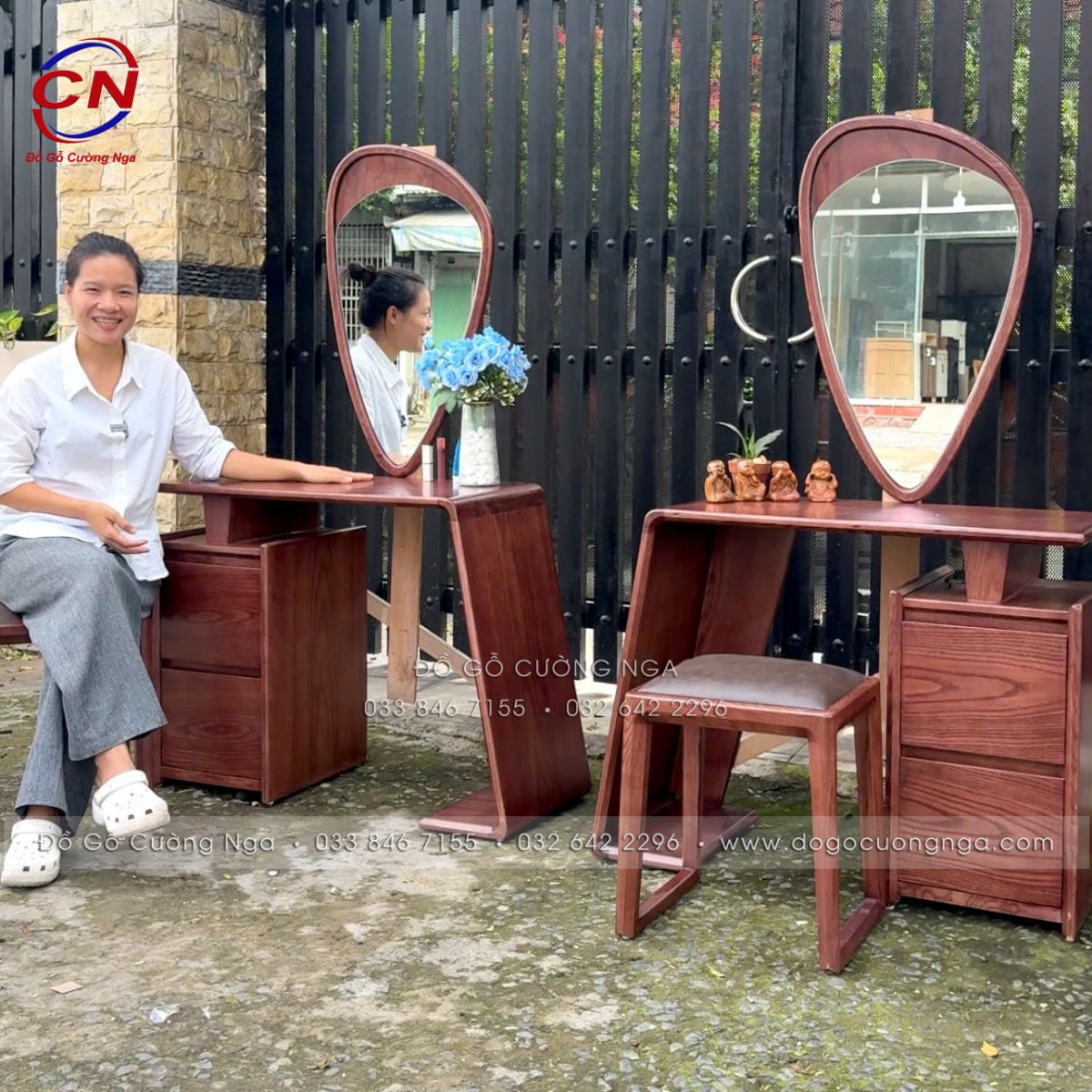 Bàn Trang Điểm Gỗ Sồi Màu Óc Chó Gương Giọt Nước