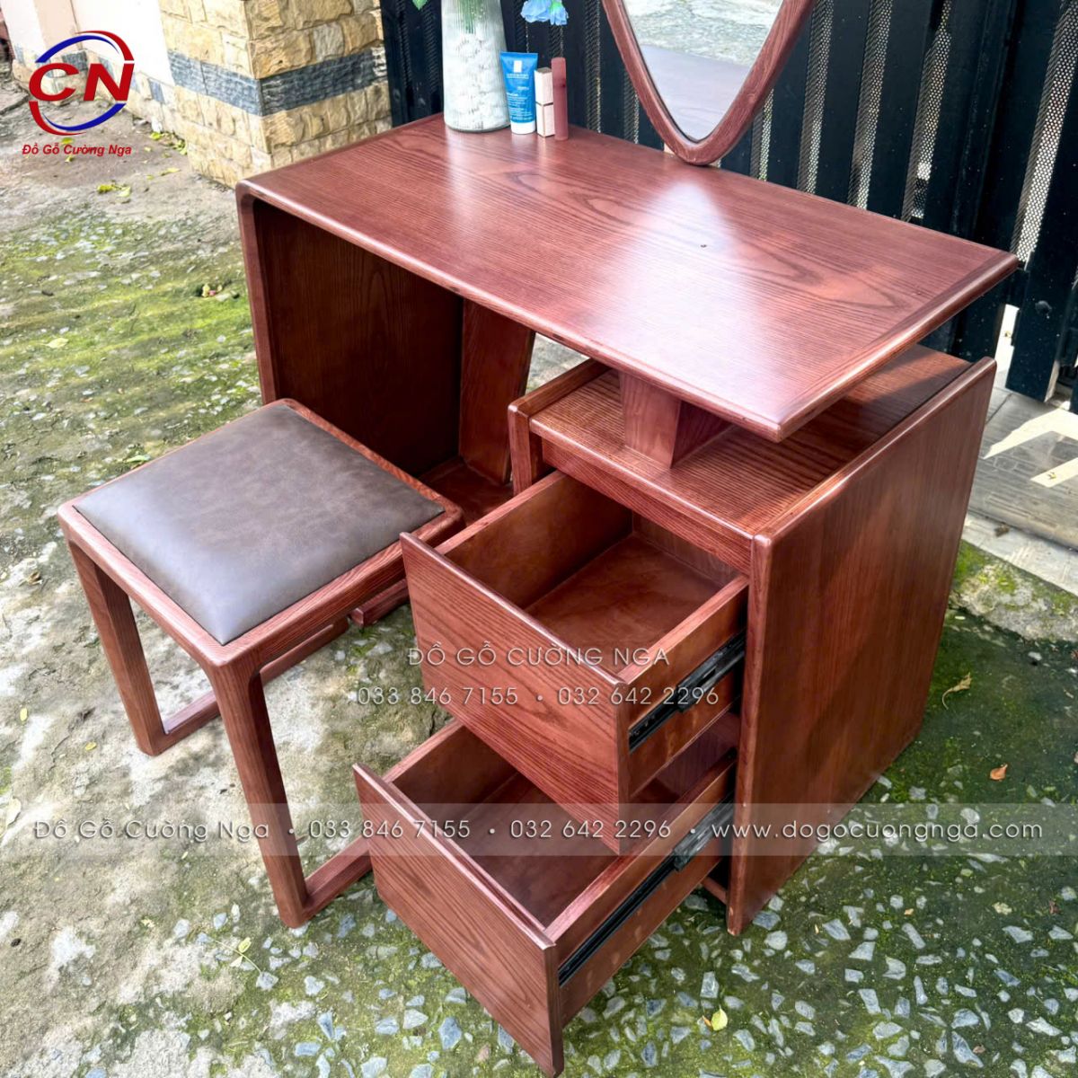 Bàn Trang Điểm Gỗ Sồi Màu Óc Chó Gương Giọt Nước
