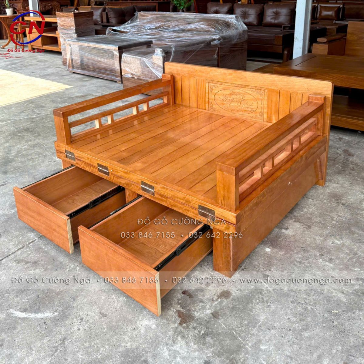 Giường Gấp Gỗ Sồi Màu Đinh Hương 2 Ngăn Kéo – Thiết Kế Ngắn