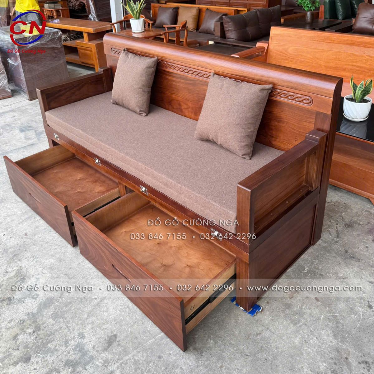 Giường Gấp Thông Minh Gỗ Hương Xám Màu Óc Chó Mẫu 2 Ngăn Kéo Kèm Nệm
