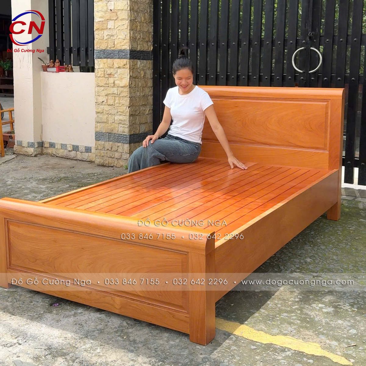 giường ngủ đơn 1m2 gỗ gõ đỏ vạt nan