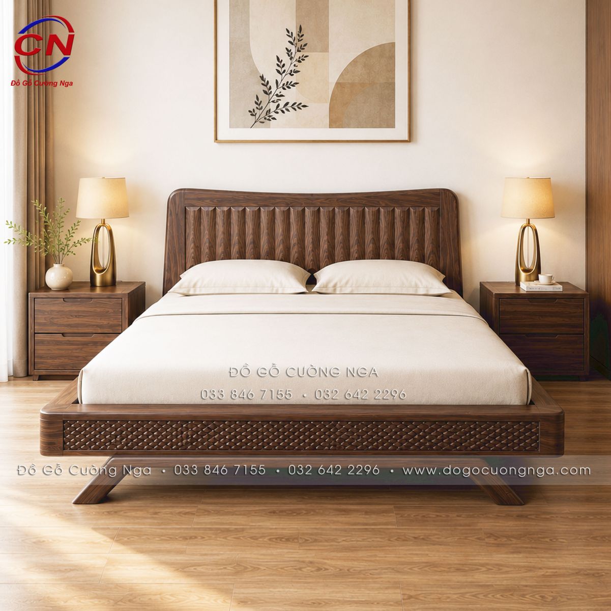 Giường Ngủ Gỗ Hương Xám Màu Óc Chó Kiểu Nhật