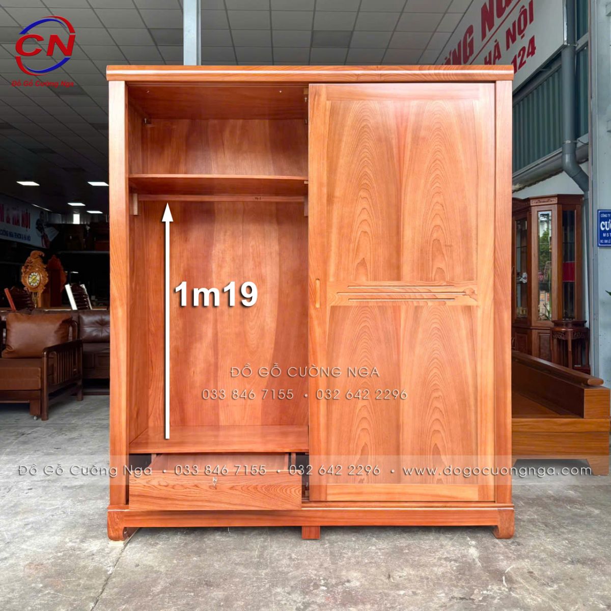 Tủ áo gỗ Xoan Đào 2 cánh lùa 1m8 rộng khi sử dụng