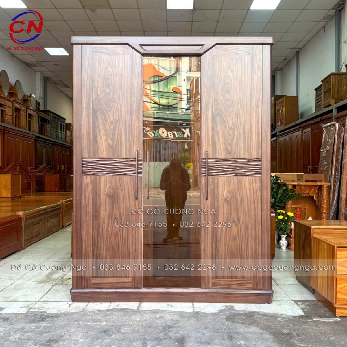 Tủ Áo Gỗ Óc Chó 3 Cánh Phối Kính 