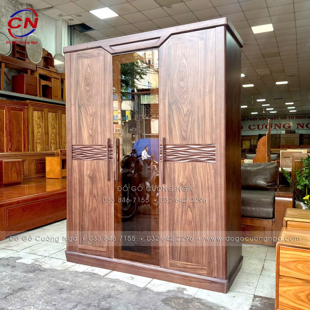 Tủ Áo Gỗ Óc Chó 3 Cánh Phối Kính 