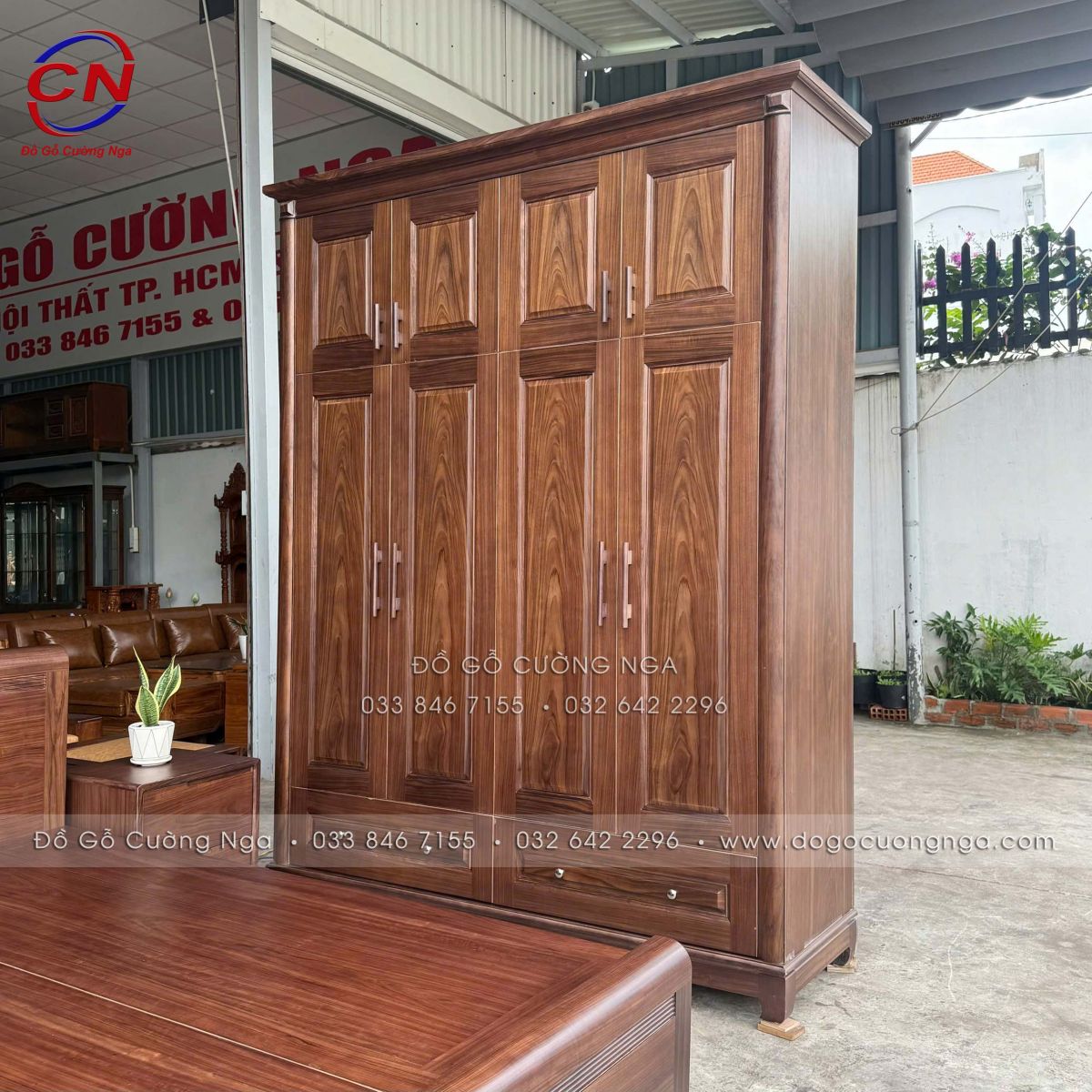 tủ áo gỗ óc chó 4 cánh 2 tầng