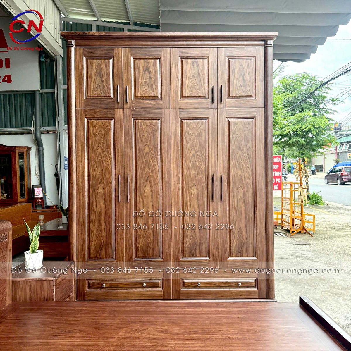 tủ áo gỗ óc chó 4 cánh 2 tầng