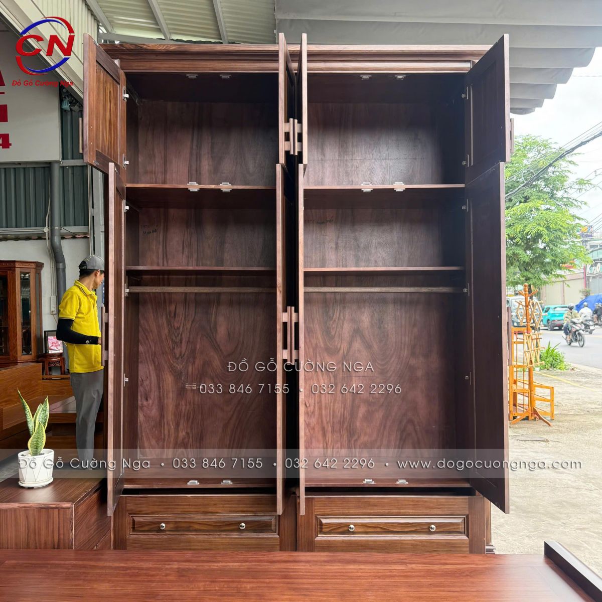 tủ áo gỗ óc chó 4 cánh 2 tầng