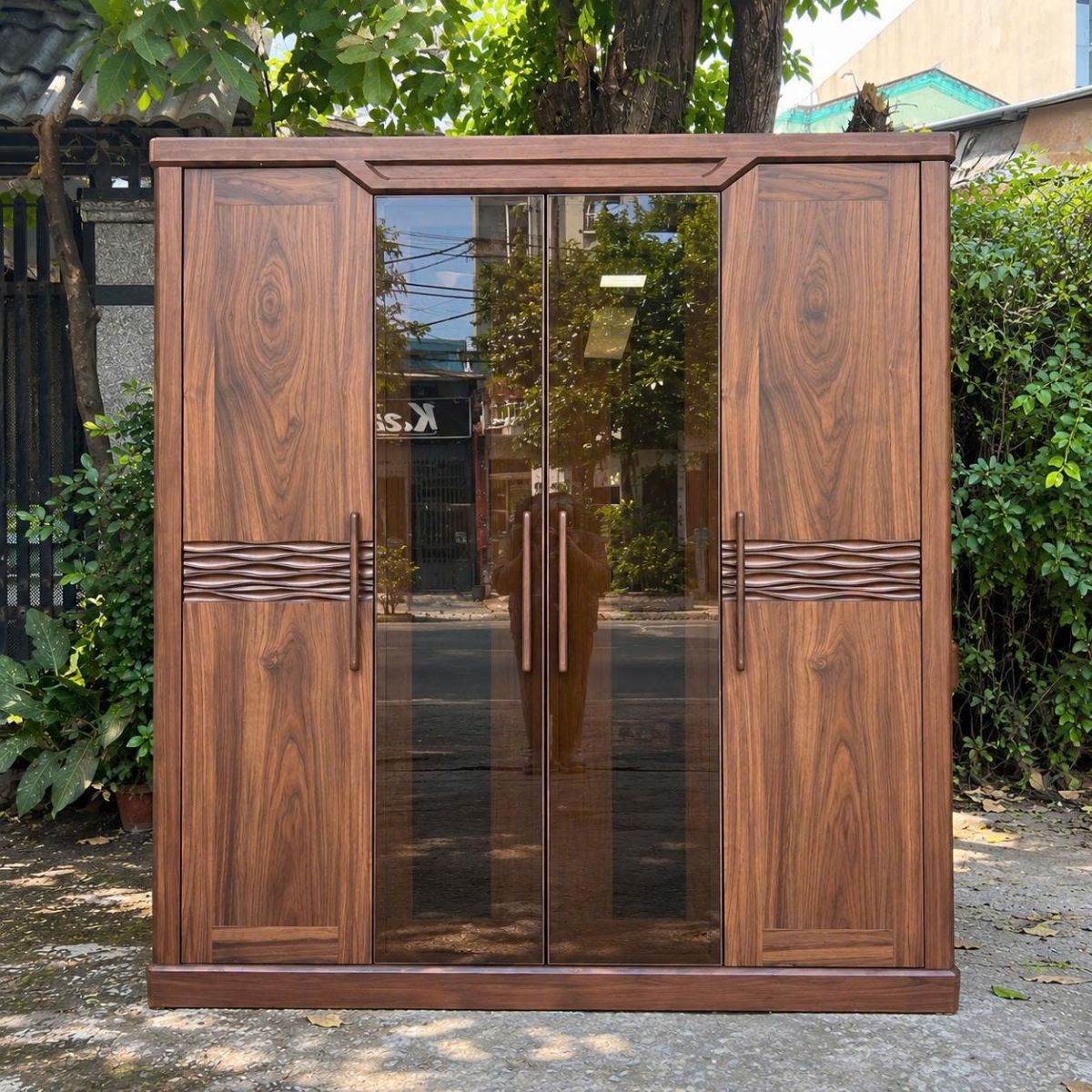 Tủ Áo Gỗ Óc Chó 4 Cánh Phối Kính Hiện Đại - Mẫu Cánh Thuyền