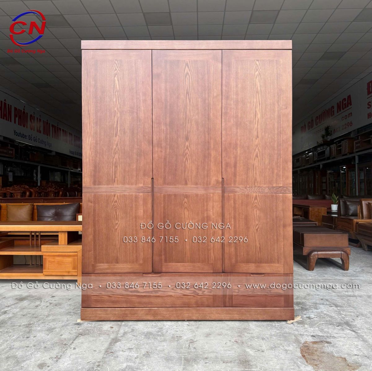 Tủ Áo Gỗ Sồi Nga 3 Cánh Màu Óc Chó Chạy Chỉ