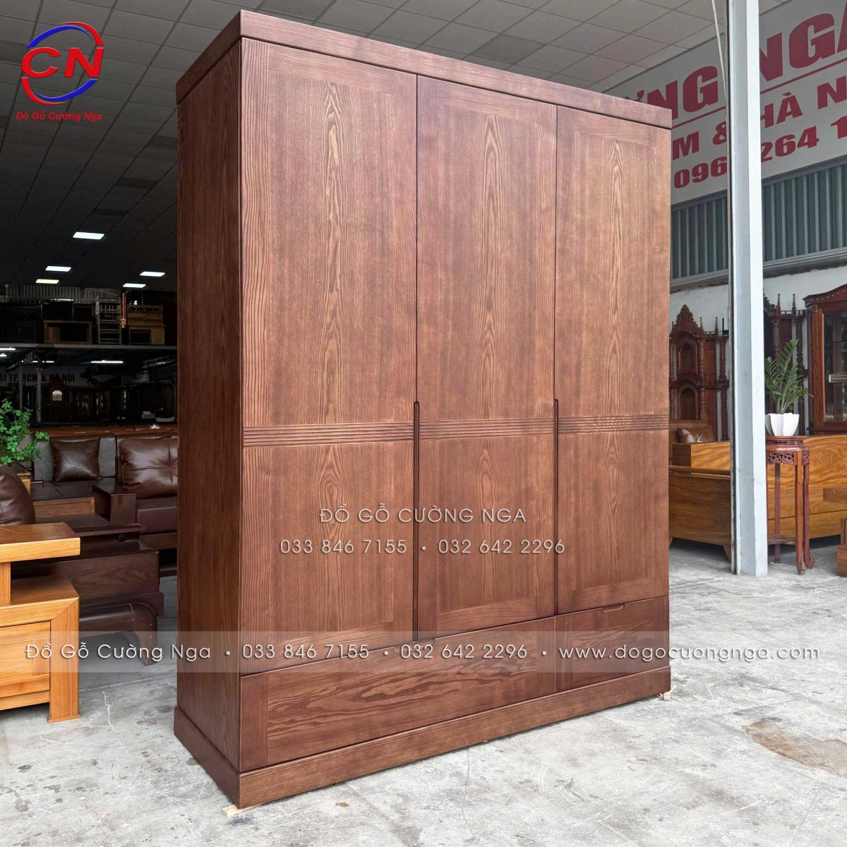 Tủ Áo Gỗ Sồi Nga 3 Cánh Màu Óc Chó Chạy Chỉ