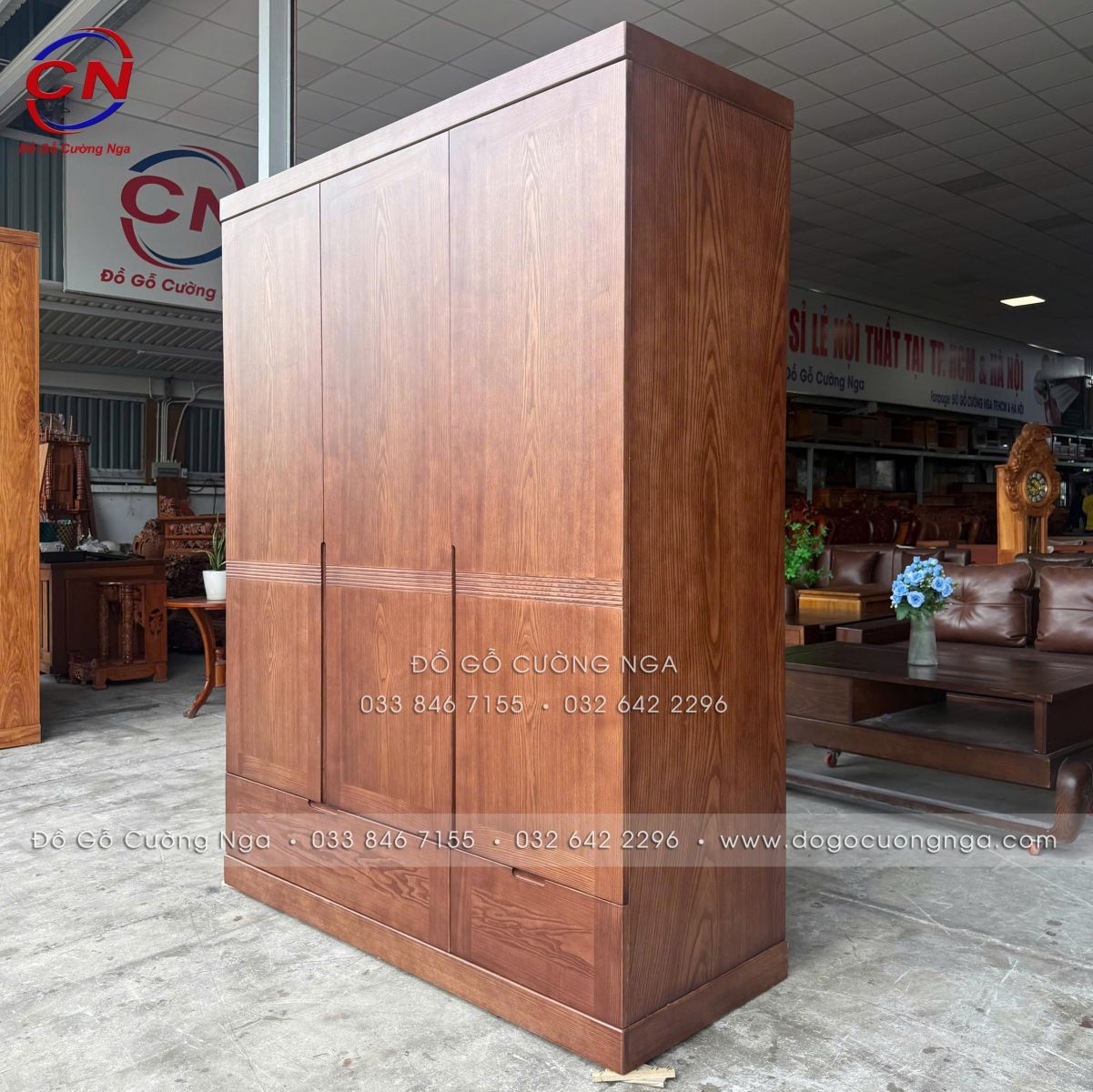 Tủ Áo Gỗ Sồi Nga 3 Cánh Màu Óc Chó Chạy Chỉ
