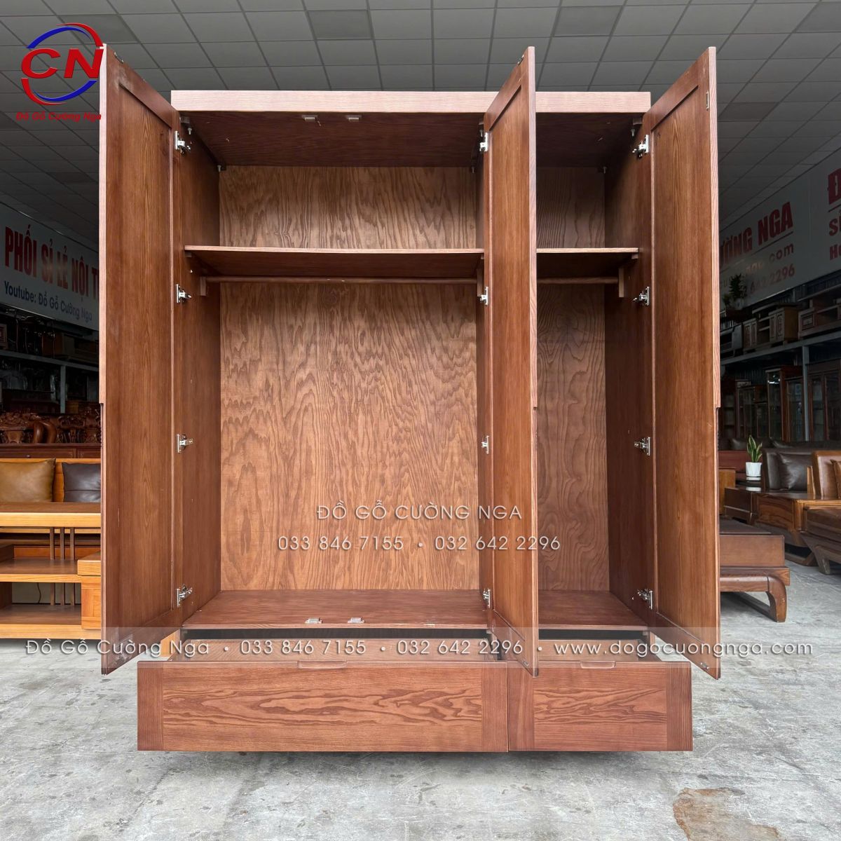 Tủ Áo Gỗ Sồi Nga 3 Cánh Màu Óc Chó Chạy Chỉ