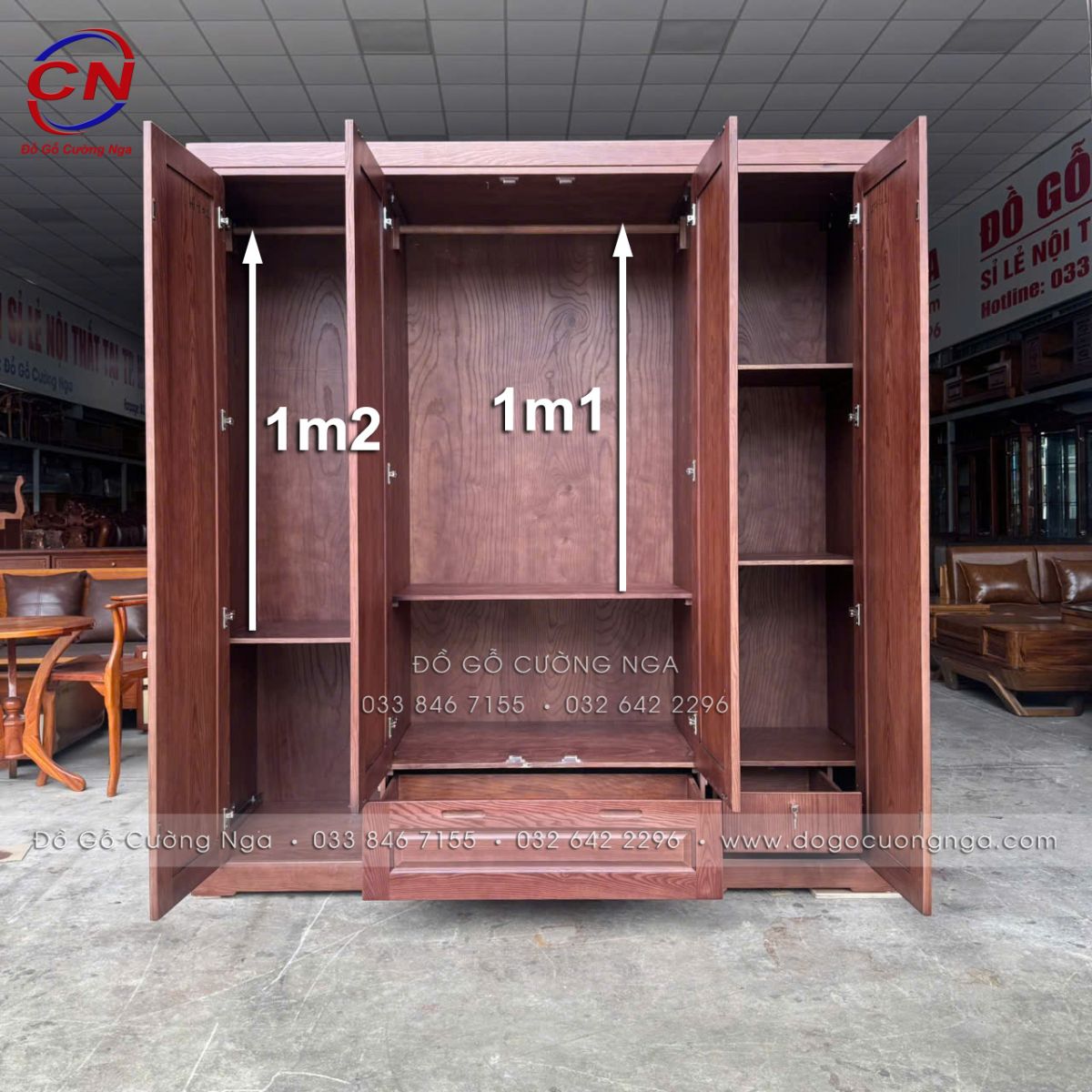 Tủ Áo Gỗ Sồi Nga Màu Óc Chó 4 Cánh Sơn Inchem, Bản Lề Giảm Chấn