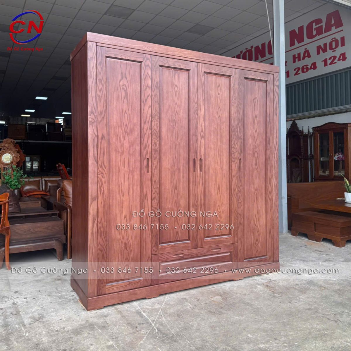 Tủ Áo Gỗ Sồi Nga Màu Óc Chó 4 Cánh Sơn Inchem, Bản Lề Giảm Chấn