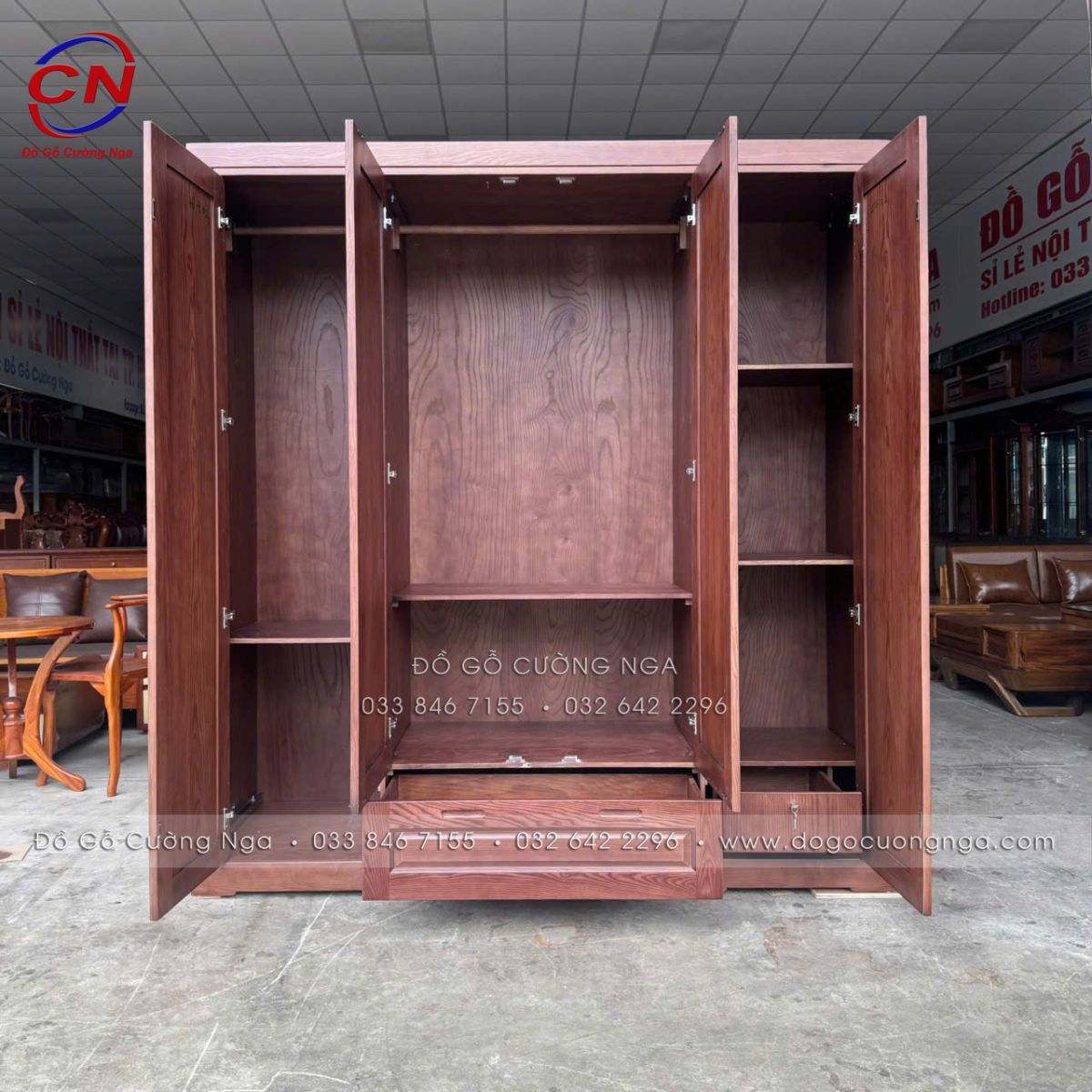 Tủ Áo Gỗ Sồi Nga Màu Óc Chó 4 Cánh Sơn Inchem, Bản Lề Giảm Chấn