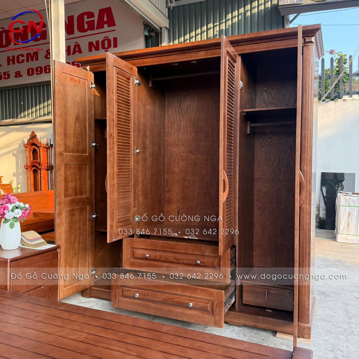 tủ áo gỗ Sồi màu Óc Chó 4 cánh