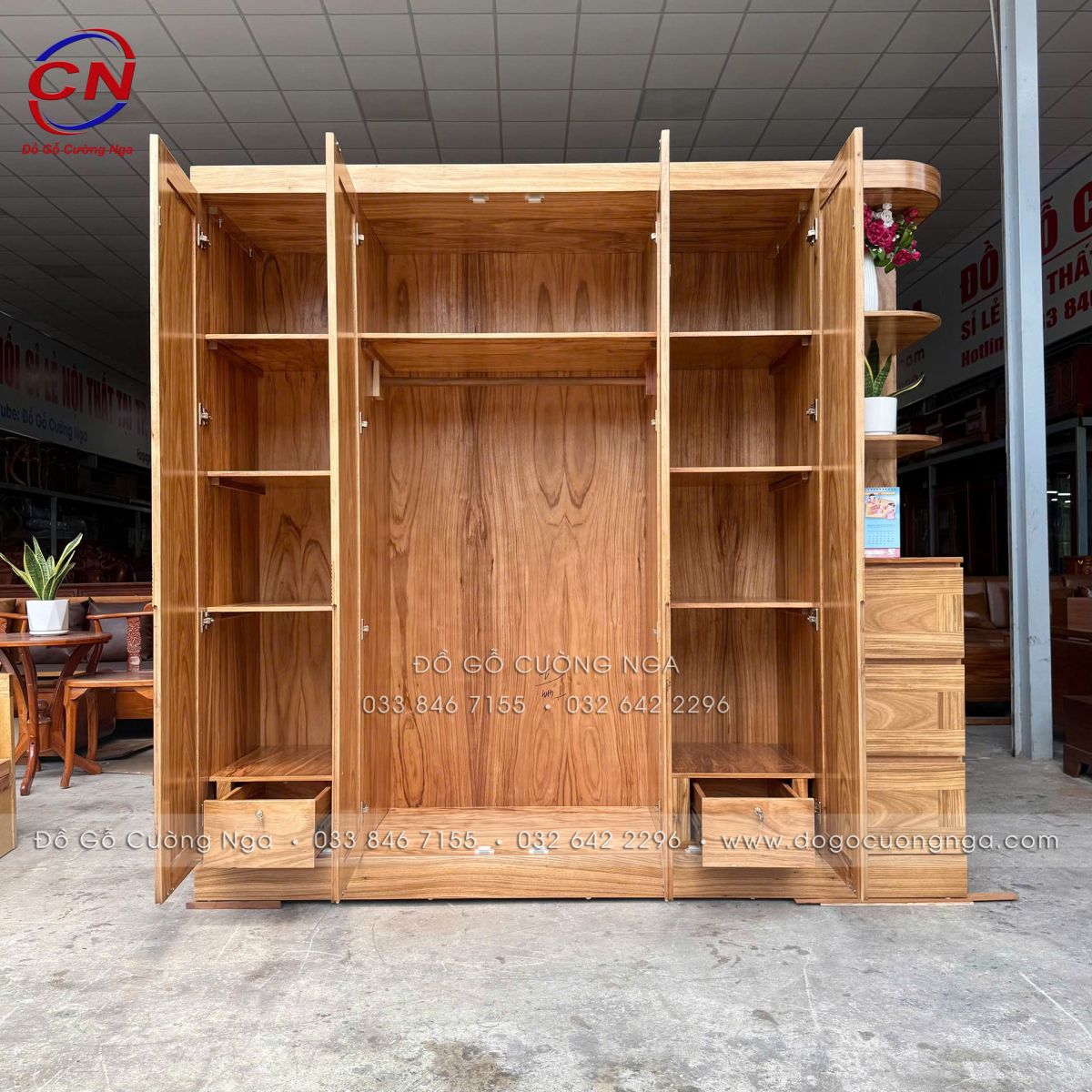 Tủ Quần Áo Gỗ Hương Xám 4 Cánh Kèm, Không Gian Chứa Đồ Rộng