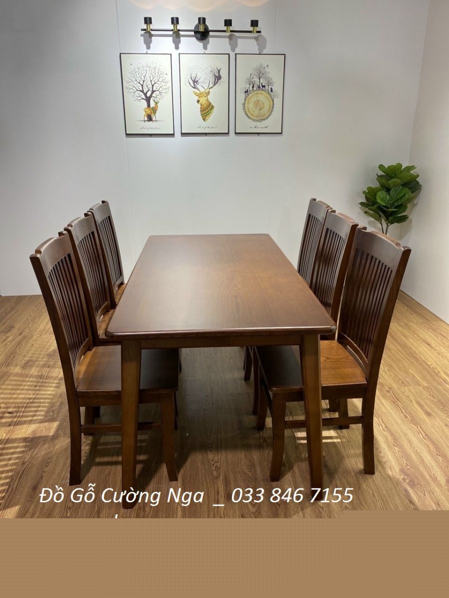 bàn ăn gỗ sồi 6 ghế màu óc chó 