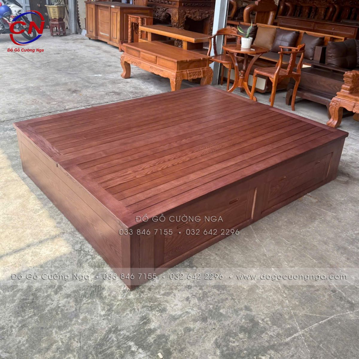 Giường Ngủ Gỗ Sồi Nga Màu Óc Chó 2mx2m Có 2 Ngăn Kéo – Hàng Đặt