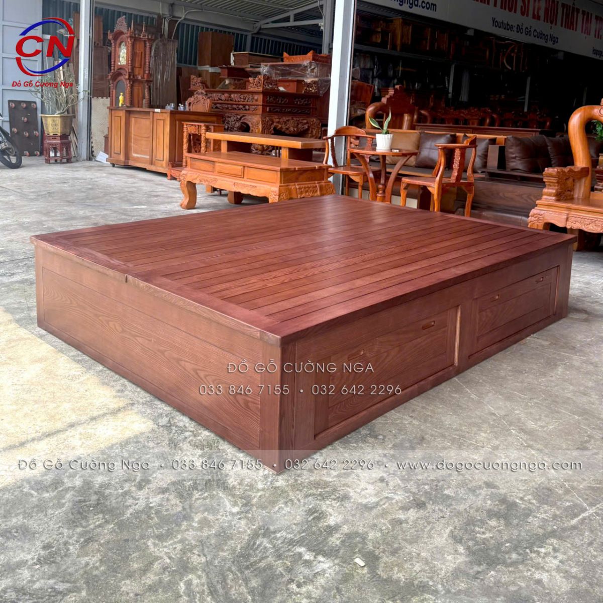 Giường Ngủ Gỗ Sồi Nga Màu Óc Chó 2mx2m Có 2 Ngăn Kéo Rộng