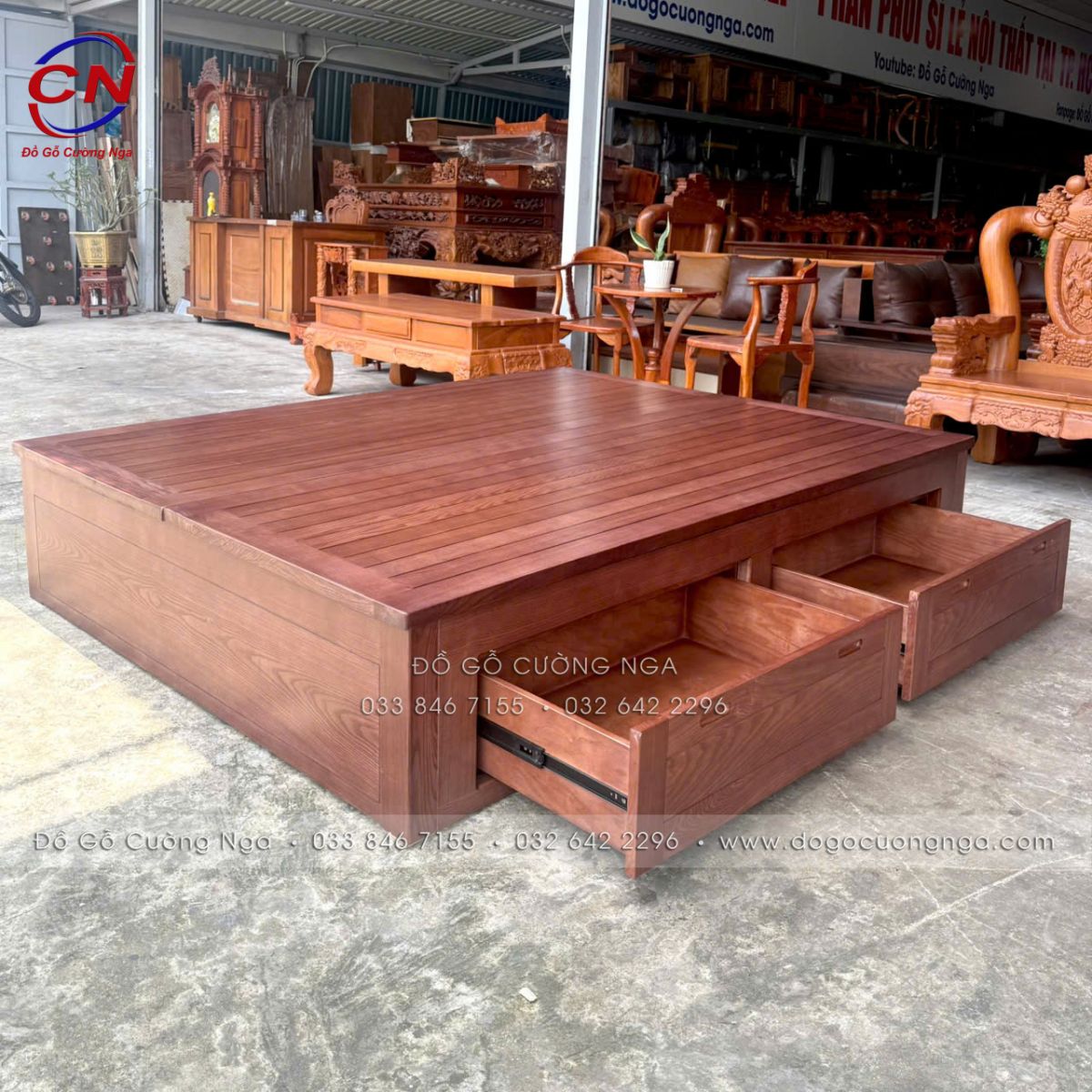 Giường Ngủ Gỗ Sồi Nga Màu Óc Chó 2mx2m Có 2 Ngăn Kéo 