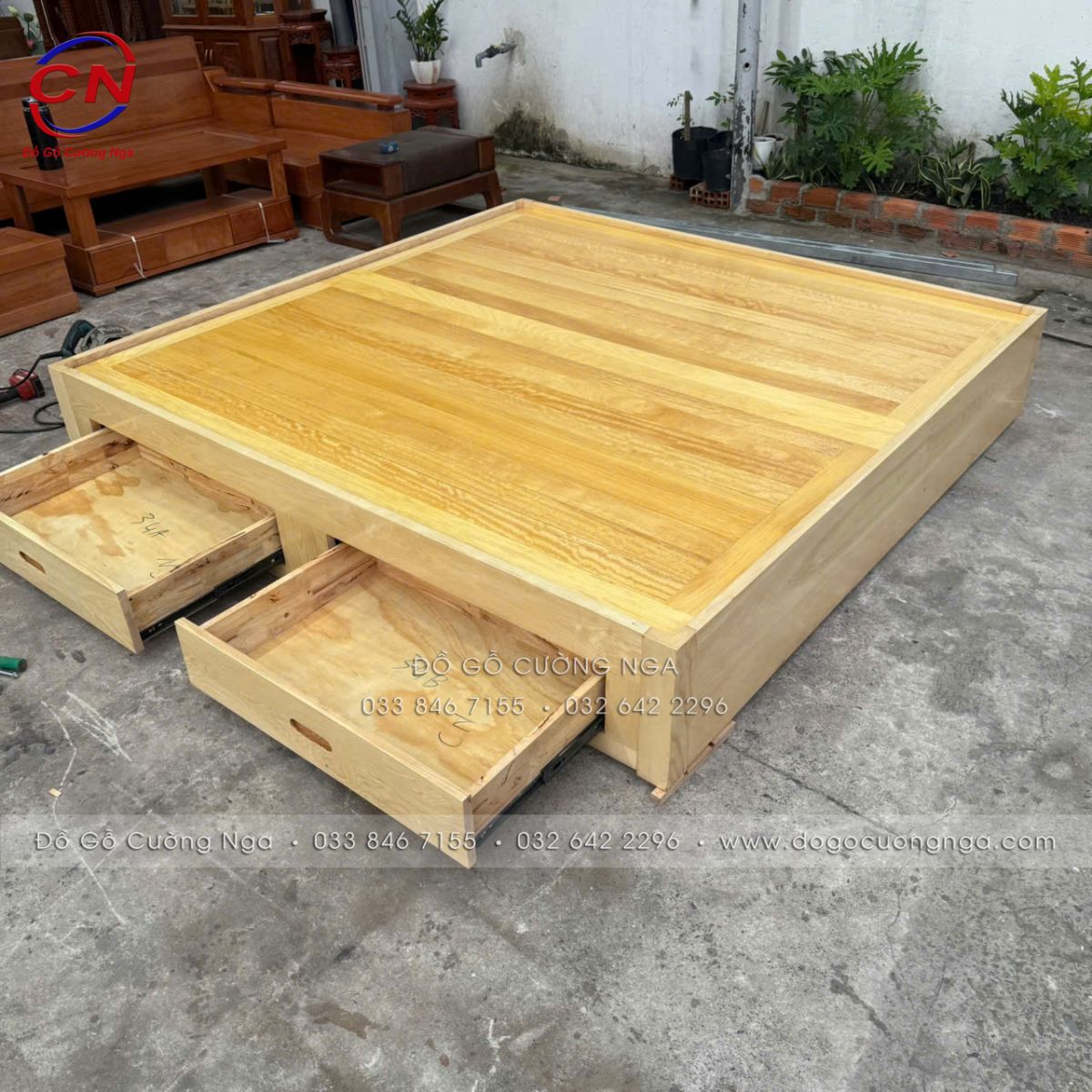 Giường Ngủ Gỗ Sồi Nga Màu Tự Nhiên 2mx2m Có 2 Ngăn Kéo – Hàng Đặt