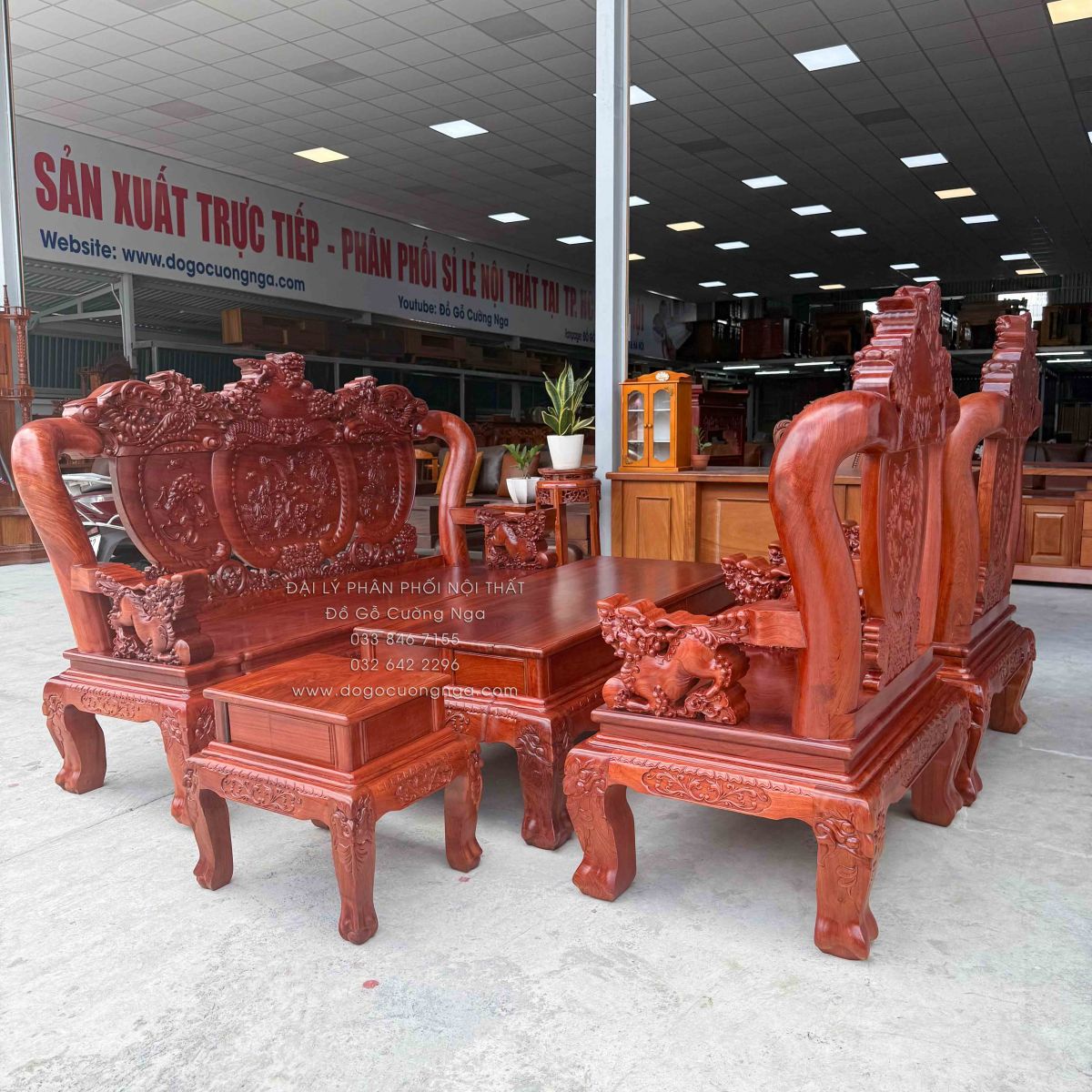 Bộ Bàn Ghế Salon Gỗ Hương Đá Chạm Nghê 6 món, tay 12