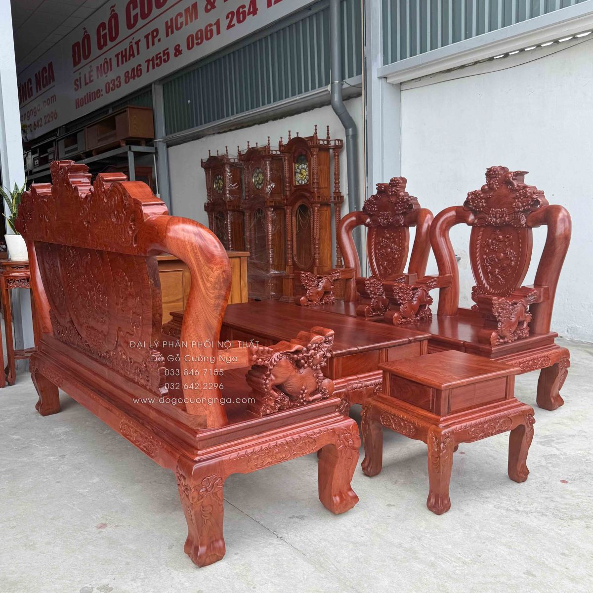 Bộ Bàn Ghế Salon Gỗ Hương Đá Chạm Nghê 6 món, tay 12