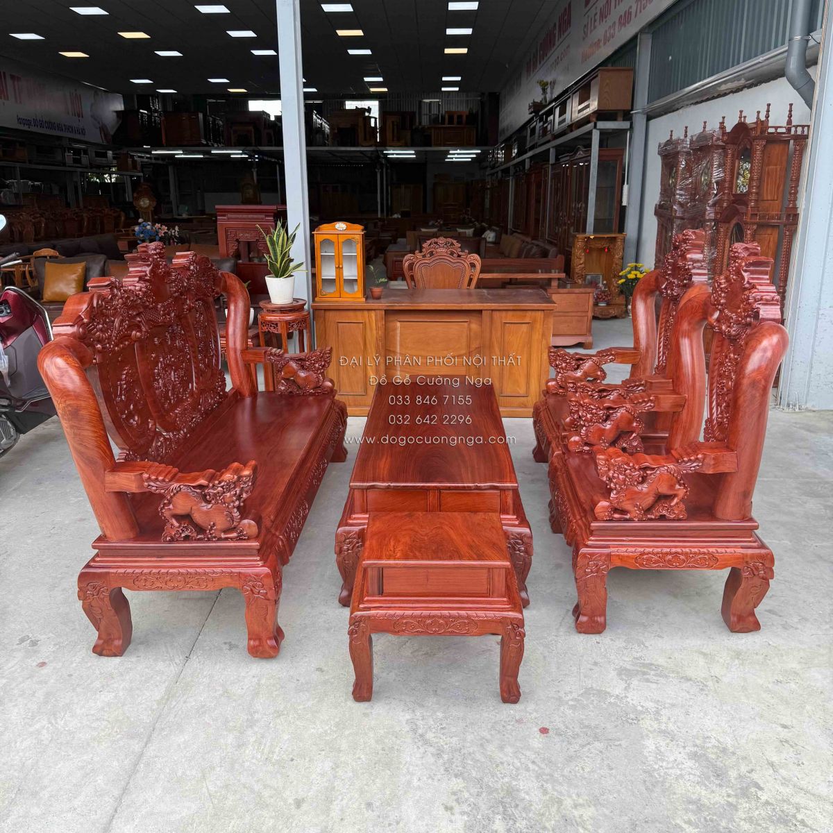 Bộ Bàn Ghế Salon Gỗ Hương Đá Chạm Nghê 6 món, tay 12