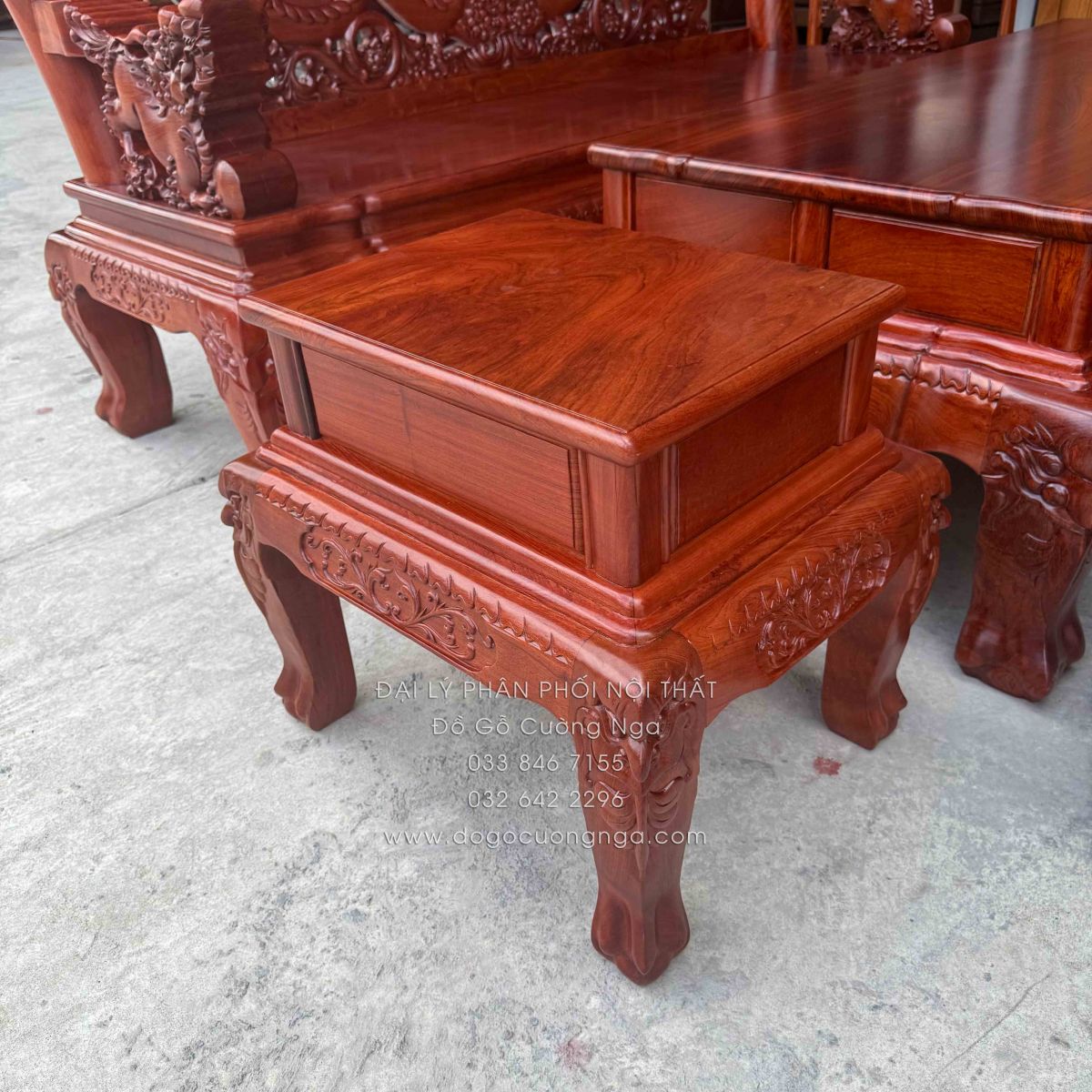 Bộ Bàn Ghế Salon Gỗ Hương Đá Chạm Nghê 6 món, tay 12