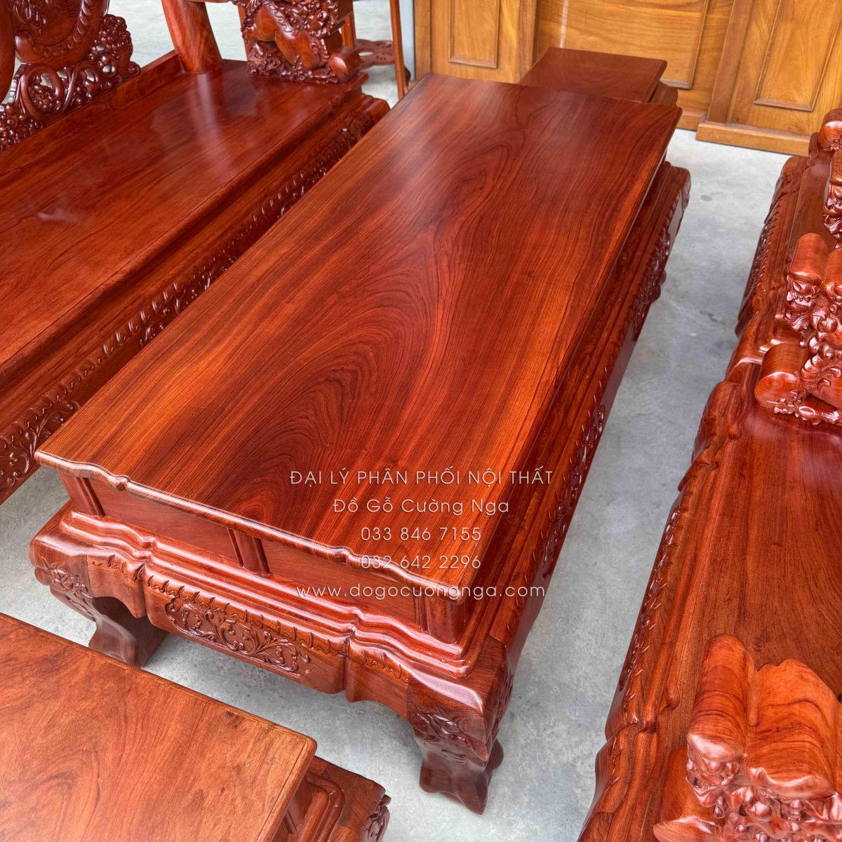 Bộ Bàn Ghế Salon Gỗ Hương Đá Chạm Nghê 6 món, tay 12