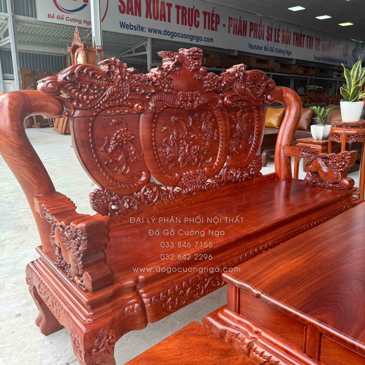 Bộ Bàn Ghế Salon Gỗ Hương Đá Chạm Nghê 6 món, tay 12
