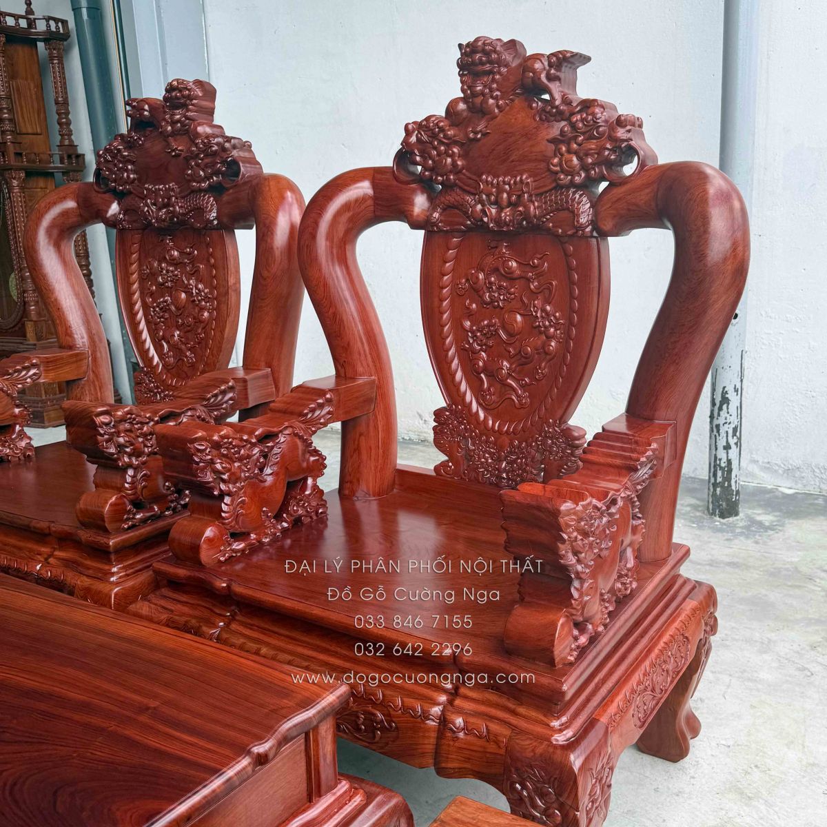 Bộ Bàn Ghế Salon Gỗ Hương Đá Chạm Nghê 6 món, tay 12
